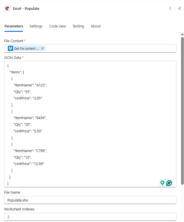 Clicca per ingrandire Excel - Azione di popolamento in Power Automate. Il contenuto del file viene mappato da un passaggio di SharePoint "Ottieni contenuto file". I dati JSON mostrano un array di elementi con tre record (A123, B456, C789), ognuno dei quali contiene ItemName, Qty e UnitPrice. Il nome del file è Populate.xlsx. L'indice del foglio di lavoro è 2.
